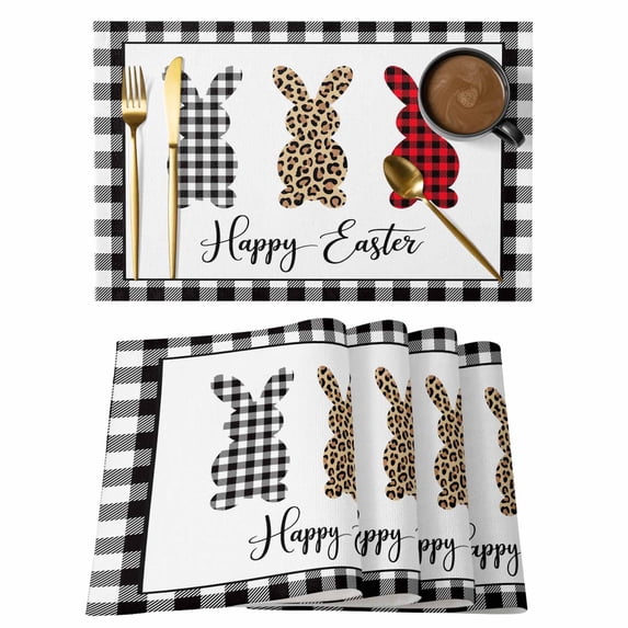 Happy Easter Leopards Rabbit Placemats Set of 8, Buffalo Plaid Black Geeks Non-Slip Place Mats Washable Table Mats for Kitchen Dining Table Decorations Indoor/Outdoor