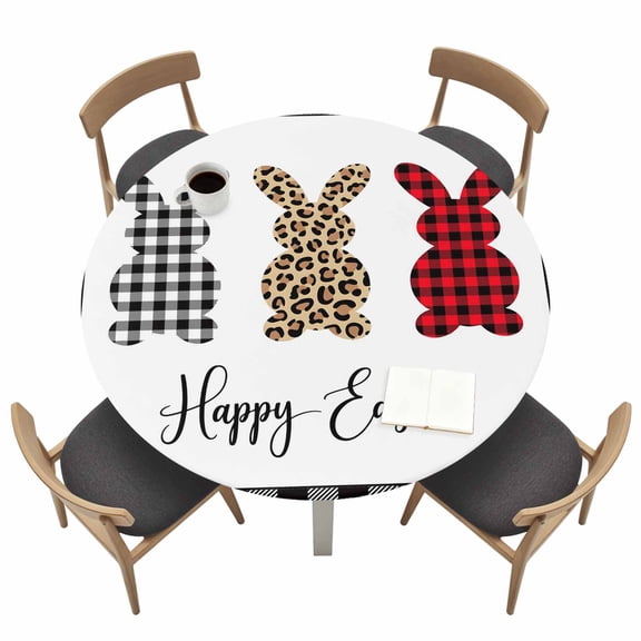 Happy Easter Leopards Rabbit Round Fitted Tablecloth with Elastic Edge Buffalo Plaid Black Geeks Table Cover Fit for 36"-44" Tables Waterproof Tablecloths for Dinner Camping Picnic