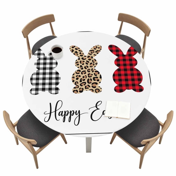 Happy Easter Leopards Rabbits Round Fitted Tablecloth with Elastic Edge Buffalo Plaid Black Geeks Table Cover Fit for 36"-44" Tables Waterproof Tablecloths for Dinner Camping Picnic