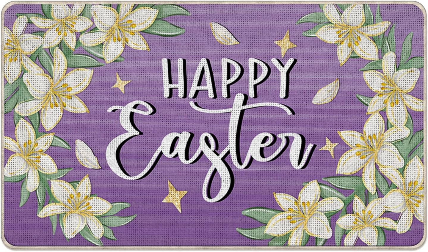 Happy Easter Lily Flowers Decorative Front Door Mat, Purple Floral Doormat Indoor Outdoor Non-Slip Floor Entryway Rug, Spring Home Kitchen Decoration 17x30 Inch