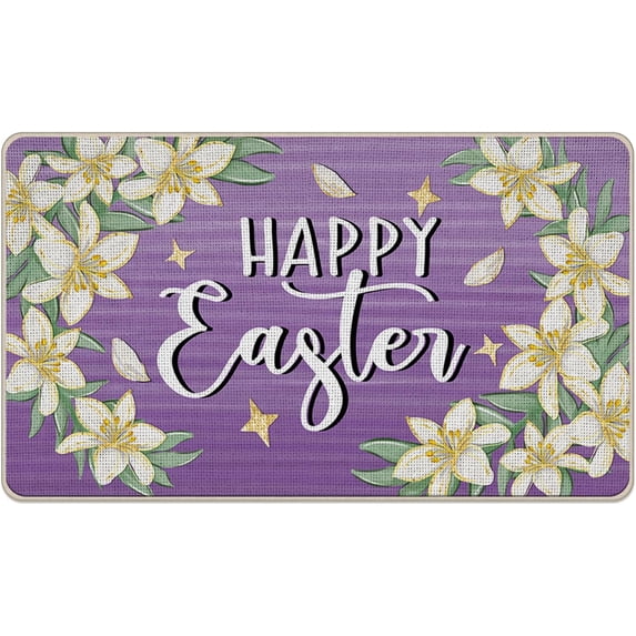 Happy Easter Lily Flowers Decorative Front Door Mat, Purple Floral Doormat Indoor Outdoor Non-Slip Floor Entryway Rug, Spring Home Kitchen Decoration 17x30 Inch
