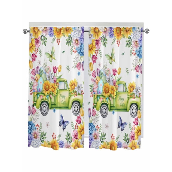 Happy Easter Living Room Curtains 2 Panel, Watercolor Truck Eggs Flowers Butterfly Botanical Cafe Window Treatment, Extra Long Farmhouse Bedroom Bathroom Kitchen Curtains Drapes 104"x72"