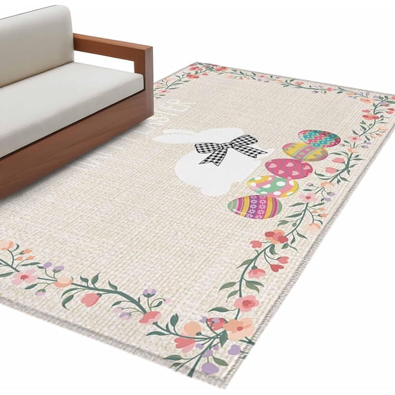 Happy Easter Living Room Rug 4x6 Washable Area Rug for Bedroom, Non-Slip Dining Room Rugs Bow Bunny Colorful Eggs Flowers Vines Indoor Carpet for Kitchen Entryway Office Nursery Laundry