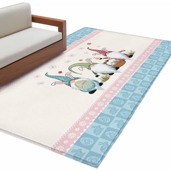 Happy Easter Living Room Rug 4x6 Washable Area Rug for Bedroom, Non-Slip Dining Room Rugs Cute Gnomes Eggs Blue Bunny Floral Pink Border Indoor Carpet for Kitchen Entryway Office Nursery Laundry