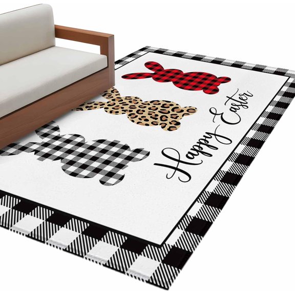Happy Easter Living Room Rug 4x6 Washable Area Rug for Bedroom, Non-Slip Dining Room Rugs Red Black Buffalo Plaid Leopard Print Rabbit Indoor Carpet for Kitchen Entryway Office Nursery Laundry