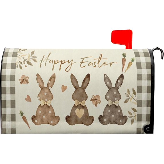 Happy Easter Magnetic Mailbox Cover Bunny Rabbits Egg Carrot 21x18 Inches Buffalo Plaids Waterproof Post Cover for Garden Yard Outdoor Home Decor