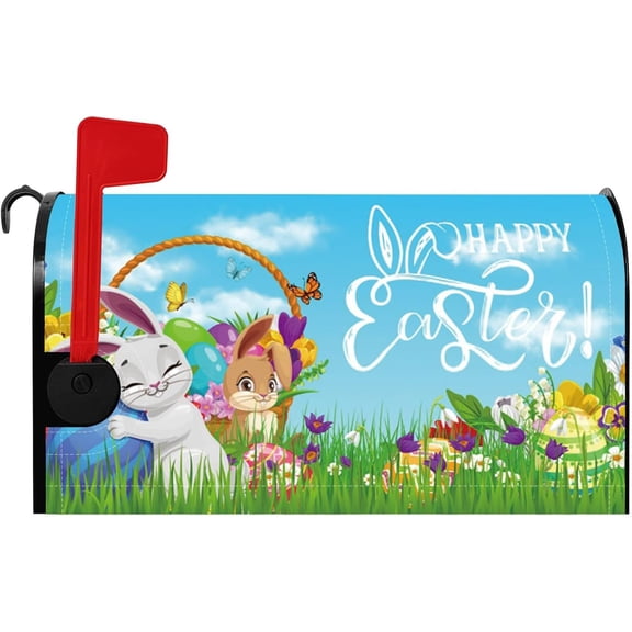Happy Easter Magnetic Mailbox Cover Easter Bunny Spring Floral Colorful Egg Mailbox Cover Standard Size 18x21 Inch Easter Holiday Decorative Mail Box Wrap Post Box Cover for Garden Outside