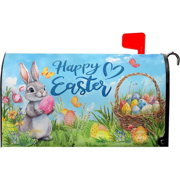 Happy Easter Mailbox Cover Magnetic Standard Size 18x21in Welcome Bunny Rabbit Eggs Mailbox Cover Spring Holiday Mailbox Decorations Mailbox Wraps Post Letter Box Cover for Garden Yard Home Outside