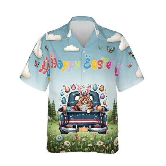 Happy Easter Maine Coon American Flag Truck Bunny Ears Hawaiian Shirt Breathable Summer Unisex Merch Cat Lover Kitten Owner Gifts - 03001