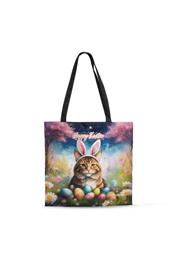 Happy Easter Maine Coon with Bunny Ear Headband and Flowers All Over Print 3D Canvas Tote Bag Cat Lover Kitten Owner Gifts Reusable Handbag - 13001