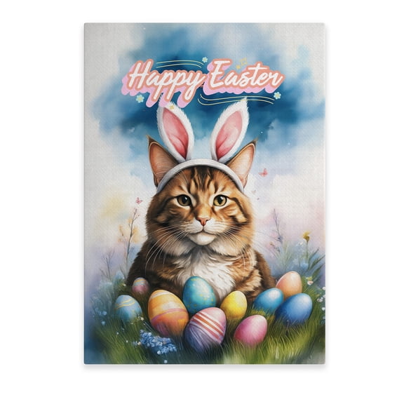 Happy Easter Maine Coon with Bunny Ear Headband and Flowers Vertical Matte Canvas Poster Cat Lover Kitten Owner Gifts Wall Art Home Decor - 13001