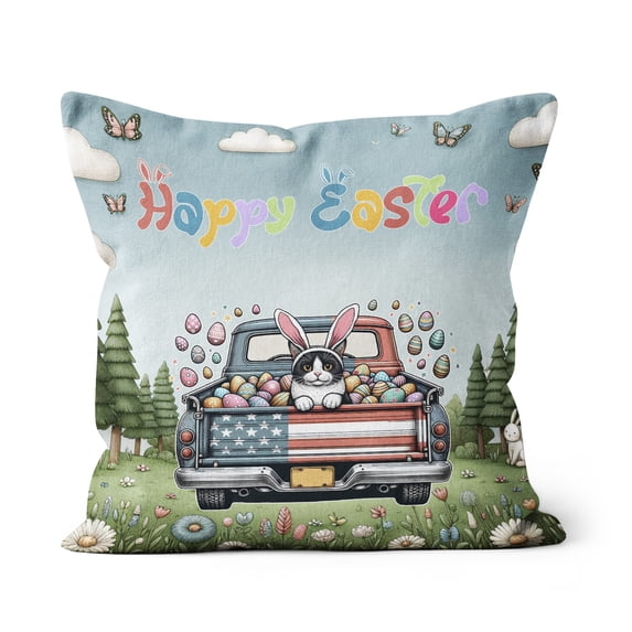 Happy Easter Manx American Flag Truck Bunny Ears Pillow Cushion Double Sided Cat Lover Kitten Owner Gifts Throw Pillow - 03001