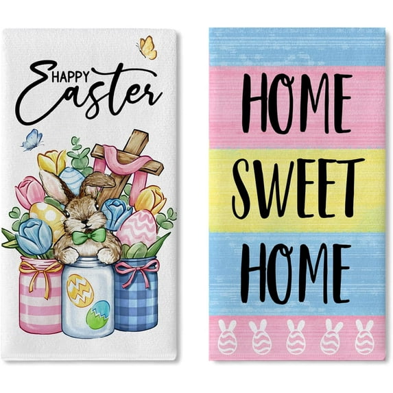 Happy Easter Mason Jar Kitchen Dish Towels Set of 2, Bunny Religious Cross Drying Hand Towels Rabbit Eggs Tulip Baking Cooking Cloth, Home Sweet Home Stripes Home Kitchen Decoration 18 x 26 Inch