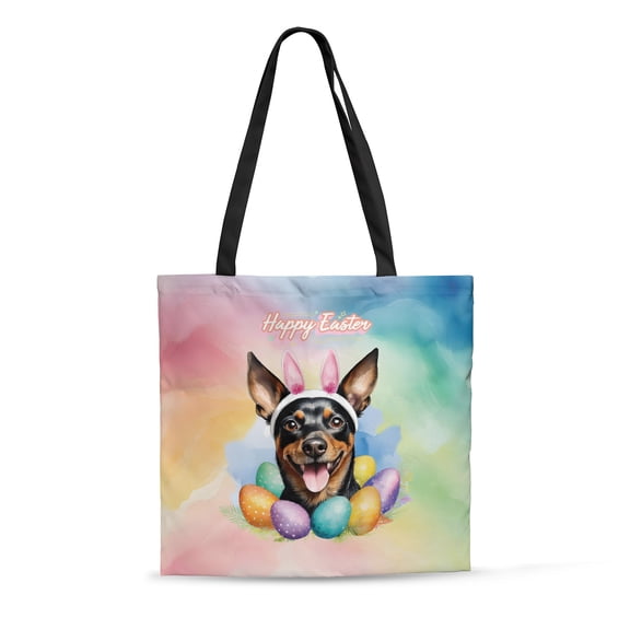 Happy Easter Miniature Pinscher with Bunny Ear Headband and Flowers All Over Print 3D Canvas Tote Bag Mini Pin Dog Lover Reusable Handbag - 13001