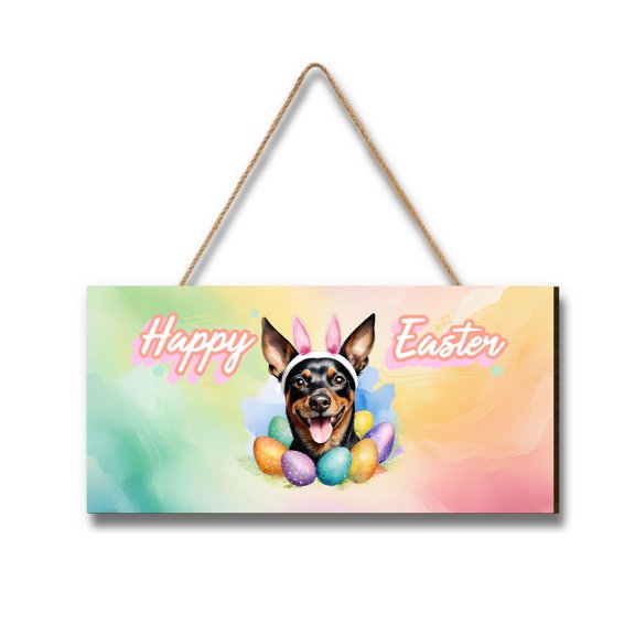 Happy Easter Miniature Pinscher with Bunny Ear Headband and Flowers Landscape Wood Sign Mini Pin Dog Lover Hanging Wall Home Decor - 13001