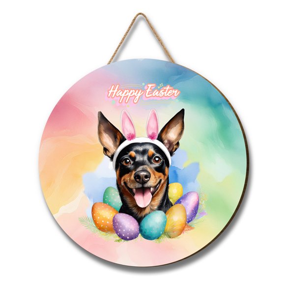 Happy Easter Miniature Pinscher with Bunny Ear Headband and Flowers Round Wood Sign Mini Pin Dog Lover Hanging Wall Home Decor - 13001