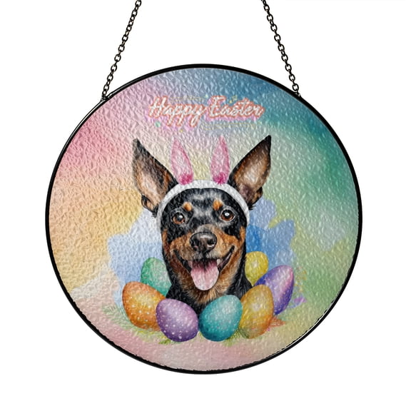 Happy Easter Miniature Pinscher with Bunny Ear Headband and Flowers Stained Glass Suncatcher Mini Pin Dog Lover Window Hanging Sign Decor - 13001
