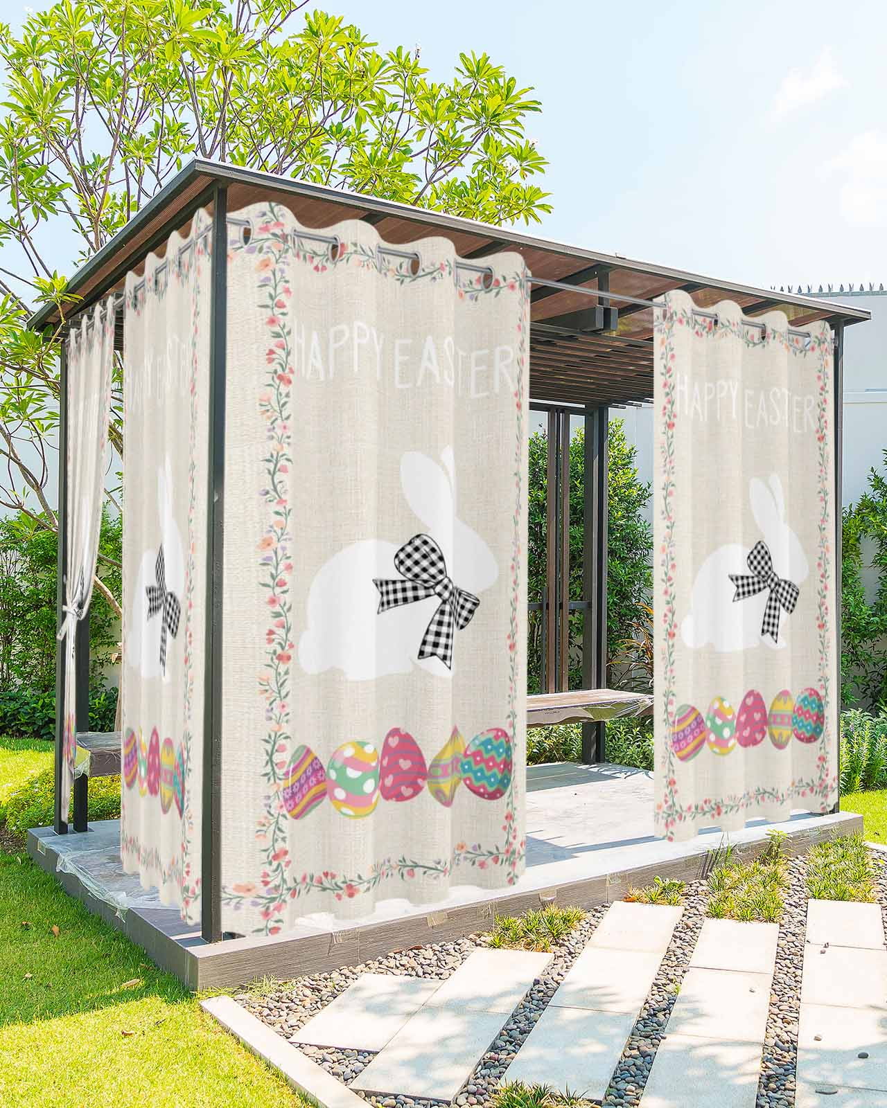 Happy Easter Outdoor Curtains for Patio, Bow Bunny Colorful Eggs Flowers Vines Privacy Drapes Grommet Waterproof Outside Curtains for Porch/Cabana/Balcony 54"x 108", 1 Panel