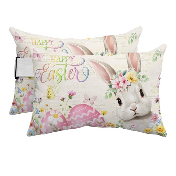 Happy Easter Outdoor Pillows for Chaise Lounge Chair Beach Headrest Pillow Set of 2 Waterproof Lumbar Pillows with Insert&Strap Spring Farmhouse Easter Bunny Eggs Floral Pillow for Patio Pool 12"x20"