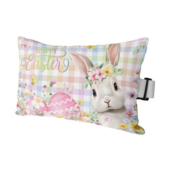 Happy Easter Outdoor Pillows for Chaise Lounge Chair Waterproof Lumbar Pillows with Insert&Strap Beach Headrest Pillow Spring Easter Bunny Eggs Floral Colorful Plaid Pillow for Patio Pool 11"x16"