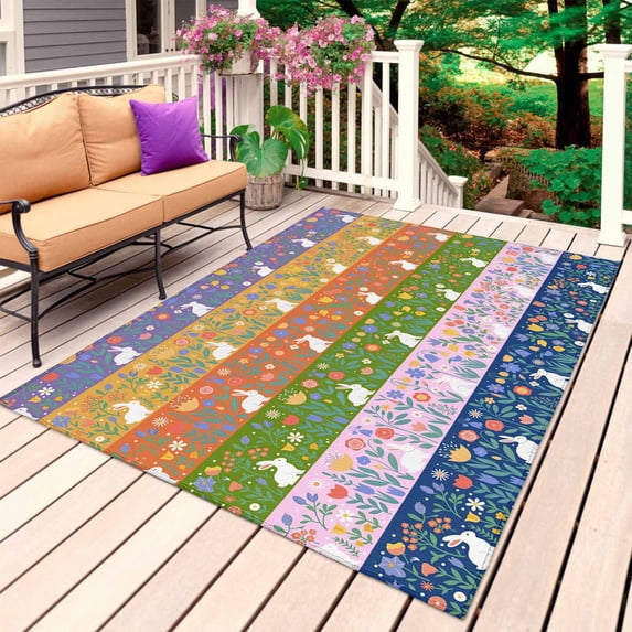 Happy Easter Outdoor Rug 5x7 Ft, Non Slip Washable Area Rug, Spring Farmhouse Bunny Botanical Stripes Patio Rugs Carpet Runner, Large Floor Mat for Indoor/Outdoor Deck Porch Camping