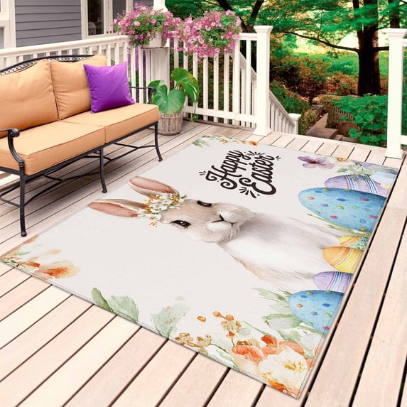 Happy Easter Outdoor Rug 5x7 Ft, Non Slip Washable Area Rug, Spring Watercolor Bunny Eggs Flowers Beige Patio Rugs Carpet Runner, Large Floor Mat for Indoor/Outdoor Deck Porch Camping