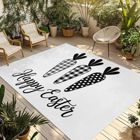 Happy Easter Outdoor Rug 5x7 Ft - Reversible Patio Rug Outdoor Camping Rugs, Spring Carrots Country Black and White Plaid Indoor Outdoor Area Rugs, Non-Slip Outdoor Carpet Runner for Deck/Porch