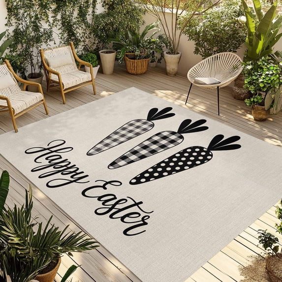 Happy Easter Outdoor Rug 6x9 Ft - Reversible Patio Rug Outdoor Camping Rugs, Black Plaid Carrots Spring Country Beige Washable Indoor Outdoor Area Rugs, Non-Slip Outdoor Carpet Runner for Deck/Porch