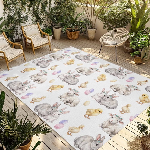 Happy Easter Outdoor Rug for Patio/Deck/Porch, Non-Slip Large Area Rug 3 x 5 Ft, Spring Bunny Chickens Lambs Easter Eggs Indoor Outdoor Rugs Washable Area Rugs, Reversible Camping Rug Carpet Runner