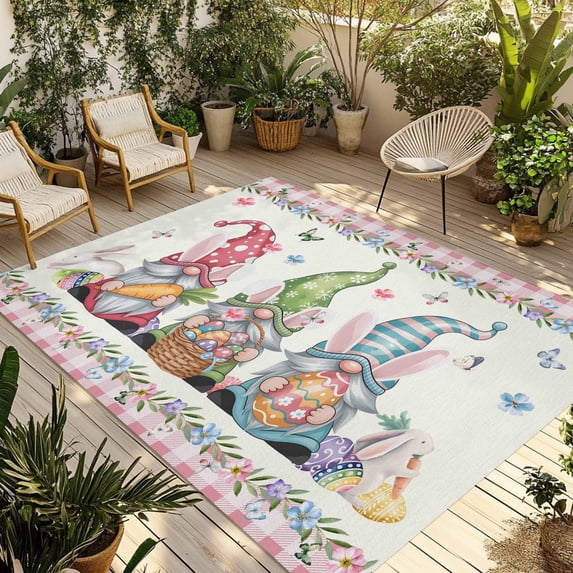 Happy Easter Outdoor Rug for Patio/Deck/Porch, Non-Slip Large Area Rug 4 x 6 Ft, Funny Gnomes Rabbits Colorful Eggs Plaid Indoor Outdoor Rugs Washable Area Rugs, Reversible Camping Rug Carpet Runner