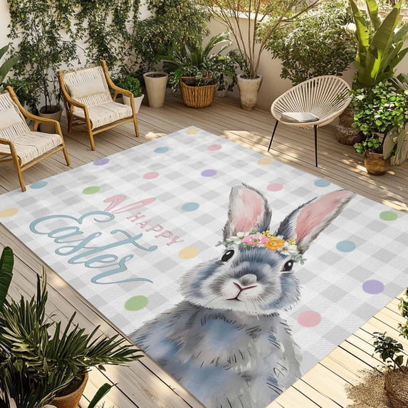 Happy Easter Outdoor Rug for Patio/Deck/Porch, Non-Slip Large Area Rug 4 x 6 Ft, Spring Rabbits Polka Dots Gray Plaid Indoor Outdoor Rugs Washable Area Rugs, Reversible Camping Rug Carpet Runner