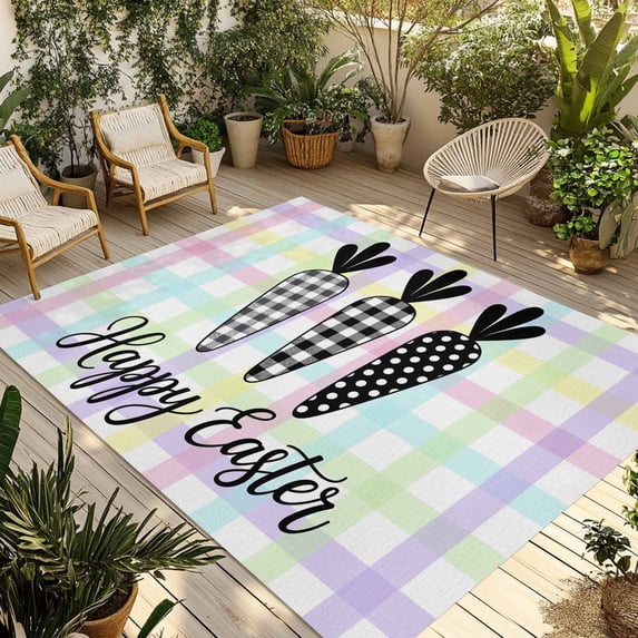 Happy Easter Outdoor Rug for Patio/Deck/Porch, Non-Slip Large Area Rug 5 x 7 Ft, Black and White Carrots Colorful Plaid Indoor Outdoor Rugs Washable Area Rugs, Reversible Camping Rug Carpet Runner