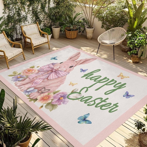 Happy Easter Outdoor Rug for Patio/Deck/Porch, Non-Slip Large Area Rug 5 x 7 Ft, Spring Cute Rabbits Flowers Butterflies Pink Indoor Outdoor Rugs Washable Area Rugs, Camping Rug Carpet Runner