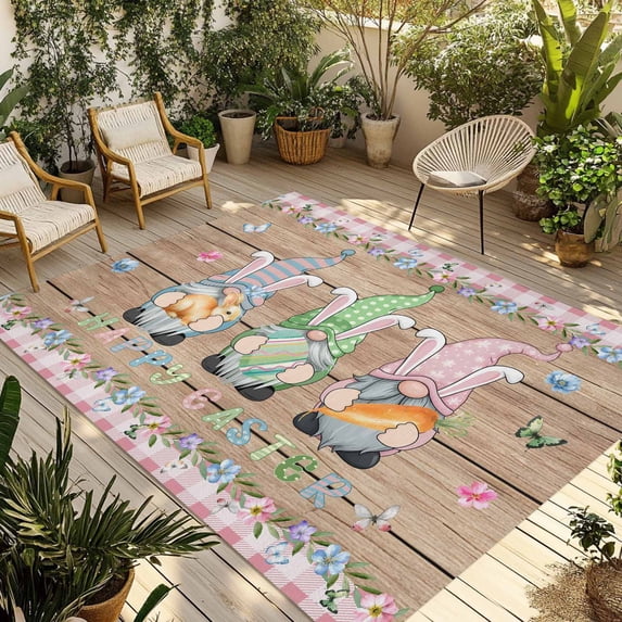 Happy Easter Outdoor Rug for Patio/Deck/Porch, Non-Slip Large Area Rug 5 x 8 Ft, Gnomes Rabbit Flowers Eggs Brown Wood Grain Indoor Outdoor Rugs Washable Area Rugs, Camping Rug Carpet Runner