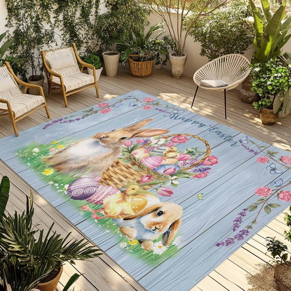 Happy Easter Outdoor Rug for Patio/Deck/Porch, Non-Slip Large Area Rug 5 x 8 Ft, Spring Easter Eggs Bunny Floral Blue Wood Indoor Outdoor Rugs Washable Area Rugs, Reversible Camping Rug Carpet Runner