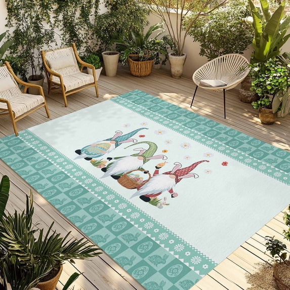 Happy Easter Outdoor Rug for Patio/Deck/Porch, Non-Slip Large Area Rug 6 x 9 Ft, Cute Gnomes Eggs Green Bunny Flowers Border Indoor Outdoor Rugs Washable Area Rugs, Camping Rug Carpet Runner