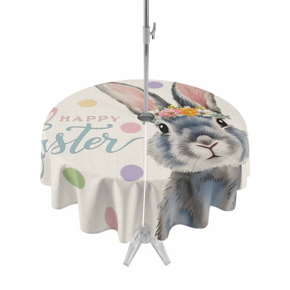 Happy Easter Outdoor Tablecloth - 54 Inch Round Dining Table Cover, Spring Rabbits Polka Dots Beige Burlap Waterproof Outdoor Table Cloth with Umbrella Hole & Zipper for Picnic/Patio/Party