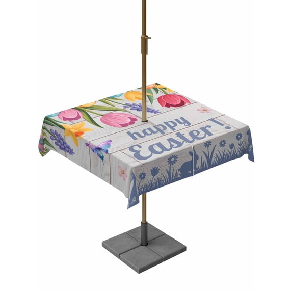 Happy Easter Outdoor Tablecloth - 54x54 Inch Square Dining Table Cover, Colorful Eggs Spring Tulips Flowers Farm Wooden Waterproof Outdoor Table Cloth with Umbrella Hole & Zipper for Picnic/Patio