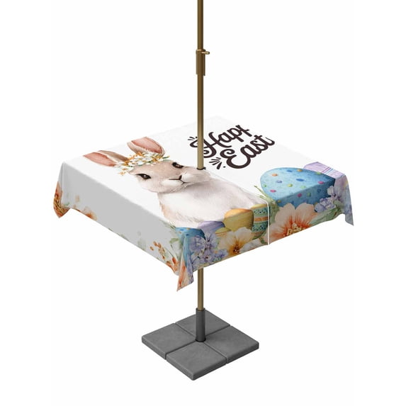 Happy Easter Outdoor Tablecloth - 54x54 Inch Square Dining Table Cover, Spring Watercolor Bunny Eggs Flowers Waterproof Outdoor Table Cloth with Umbrella Hole & Zipper for Picnic/Patio/Party