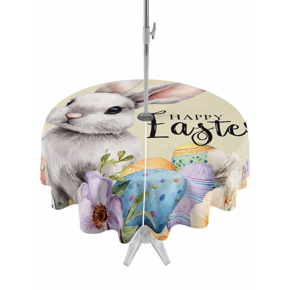Happy Easter Outdoor Tablecloth - 60 Inch Round Dining Table Cover, Spring Grey Bunny Colorful Eggs Flower Brown Waterproof Outdoor Table Cloth with Umbrella Hole & Zipper for Picnic/Patio/Party