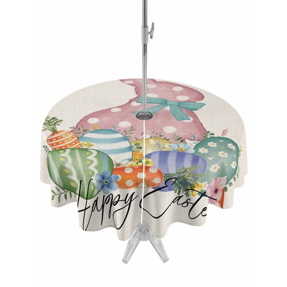 Happy Easter Outdoor Tablecloth - 60 Inch Round Dining Table Cover, Spring Polka Dots Bunny Easter Eggs Rustic Waterproof Outdoor Table Cloth with Umbrella Hole & Zipper for Picnic/Patio/Party