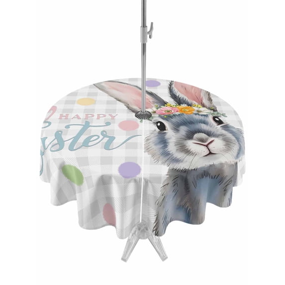 Happy Easter Outdoor Tablecloth - 60 Inch Round Dining Table Cover, Spring Rabbits Polka Dots Gray Plaid Waterproof Outdoor Table Cloth with Umbrella Hole & Zipper for Picnic/Patio/Party