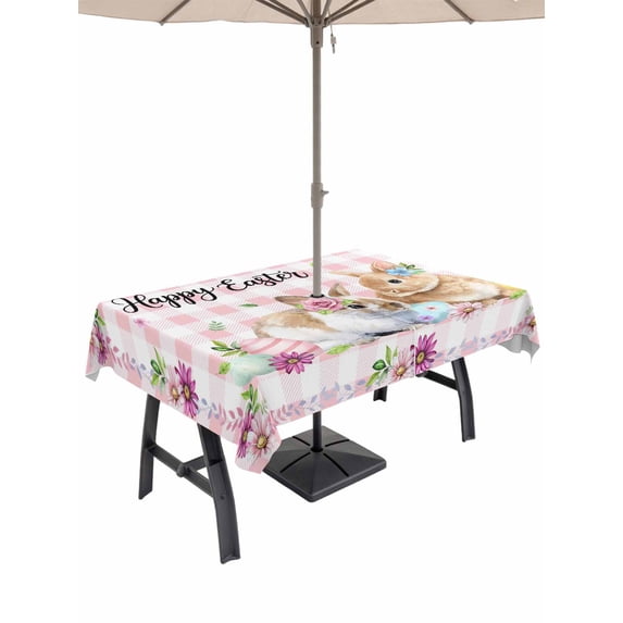 Happy Easter Outdoor Tablecloth - 60x120 Inch Rectangle Dining Table Cover, Cute Rabbits Daisy Flowers Leaves Eggs Pink Plaid Waterproof Outdoor Table Cloth with Umbrella Hole & Zipper for Patio