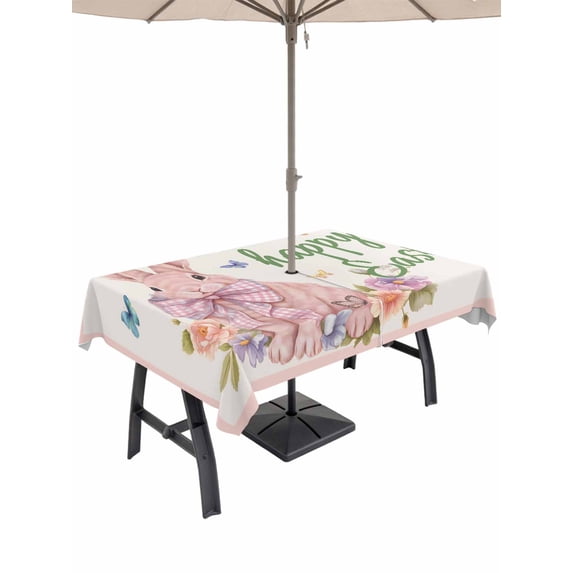 Happy Easter Outdoor Tablecloth - 60x120 Inch Rectangle Dining Table Cover, Spring Cute Rabbits Flowers Butterflies Pink Waterproof Outdoor Table Cloth with Umbrella Hole & Zipper for Picnic/Patio