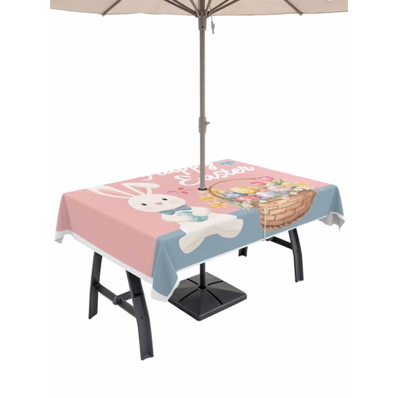 Happy Easter Outdoor Tablecloth - 60x84 Inch Rectangle Dining Table Cover, Cute Bunny Colorful Eggs Spring Flowers Pink Blue Waterproof Outdoor Table Cloth with Umbrella Hole & Zipper for Patio