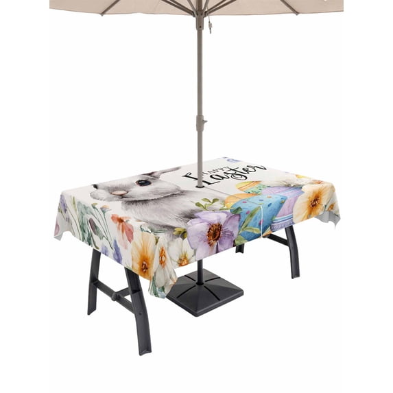 Happy Easter Outdoor Tablecloth - 60x84 Inch Rectangle Dining Table Cover, Spring Grey Bunny Colorful Eggs Flower Beige Waterproof Outdoor Table Cloth with Umbrella Hole & Zipper for Picnic/Patio