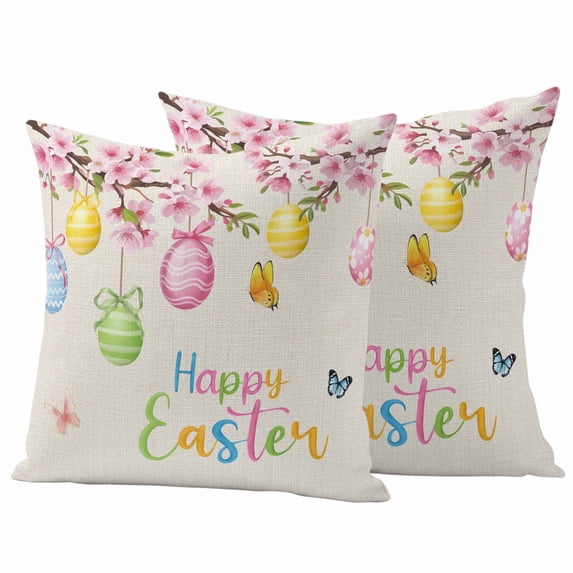 Happy Easter Outdoor Waterproof Pillow Covers, Spring Colorful Eggs Butterfly on Linen Decorative Square Throw Pillowcase Sofa Cushion Sham for Patio/Couch/Chair, 20"x20" 2 Pack