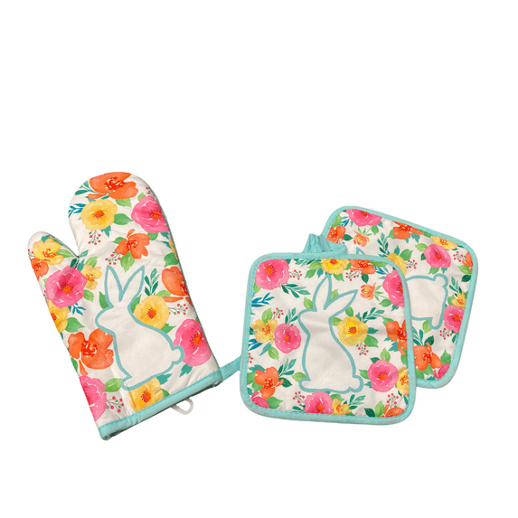 Happy Easter Oven Mitts Pot Holders Spring Flowers Bunny Oven Glove Hot Pads Cooking Kitchen Heat Resistant Hot Pads for Microwave BBQ Baking Grilling Gifts