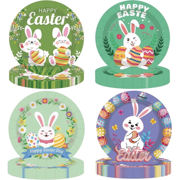 Happy Easter Paper Plates, Dessert Plates Decorative Spring Bunny Egg Dinnerware Tableware for Party Supplies Decorations