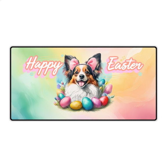 Happy Easter Papillon with Bunny Ear Headband and Flowers Desk Mat Full Keyboard Mouse Pad Pap Butterfly Dog Lover Large Mousepad - 13001